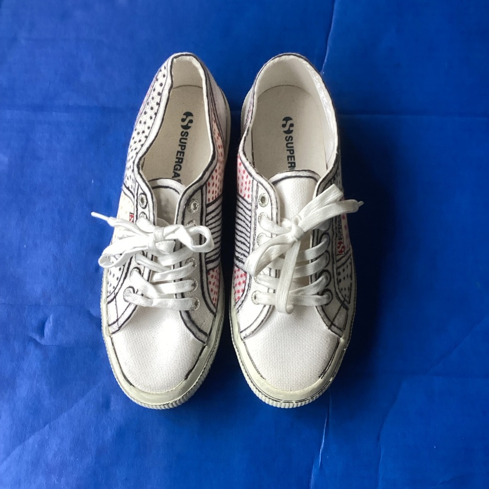 Superga White Sneakers with multi colored polka dot Details, size 8